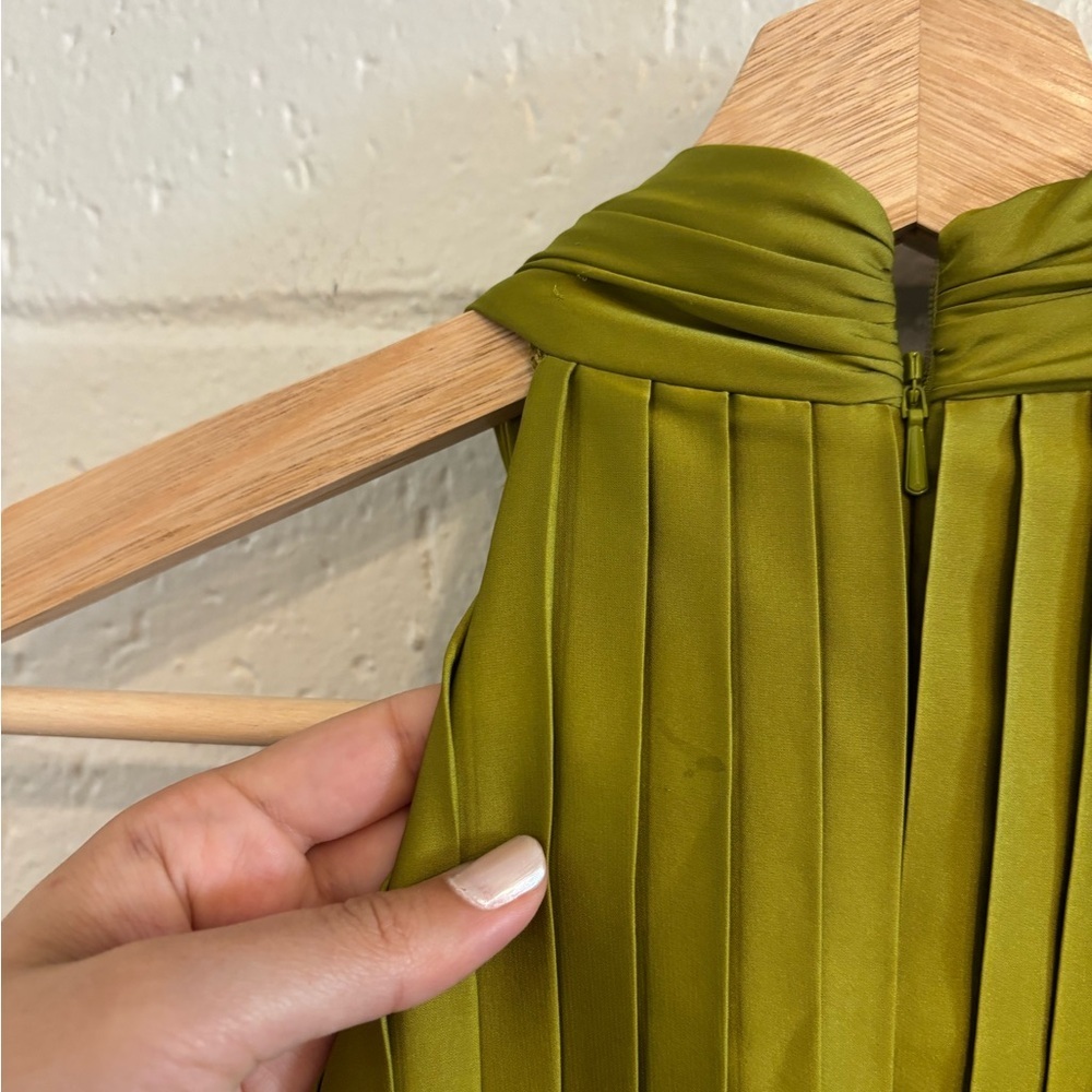 Mac Duggal Satin Pleated Olive Green Halter Dress - Picture 9 of 9